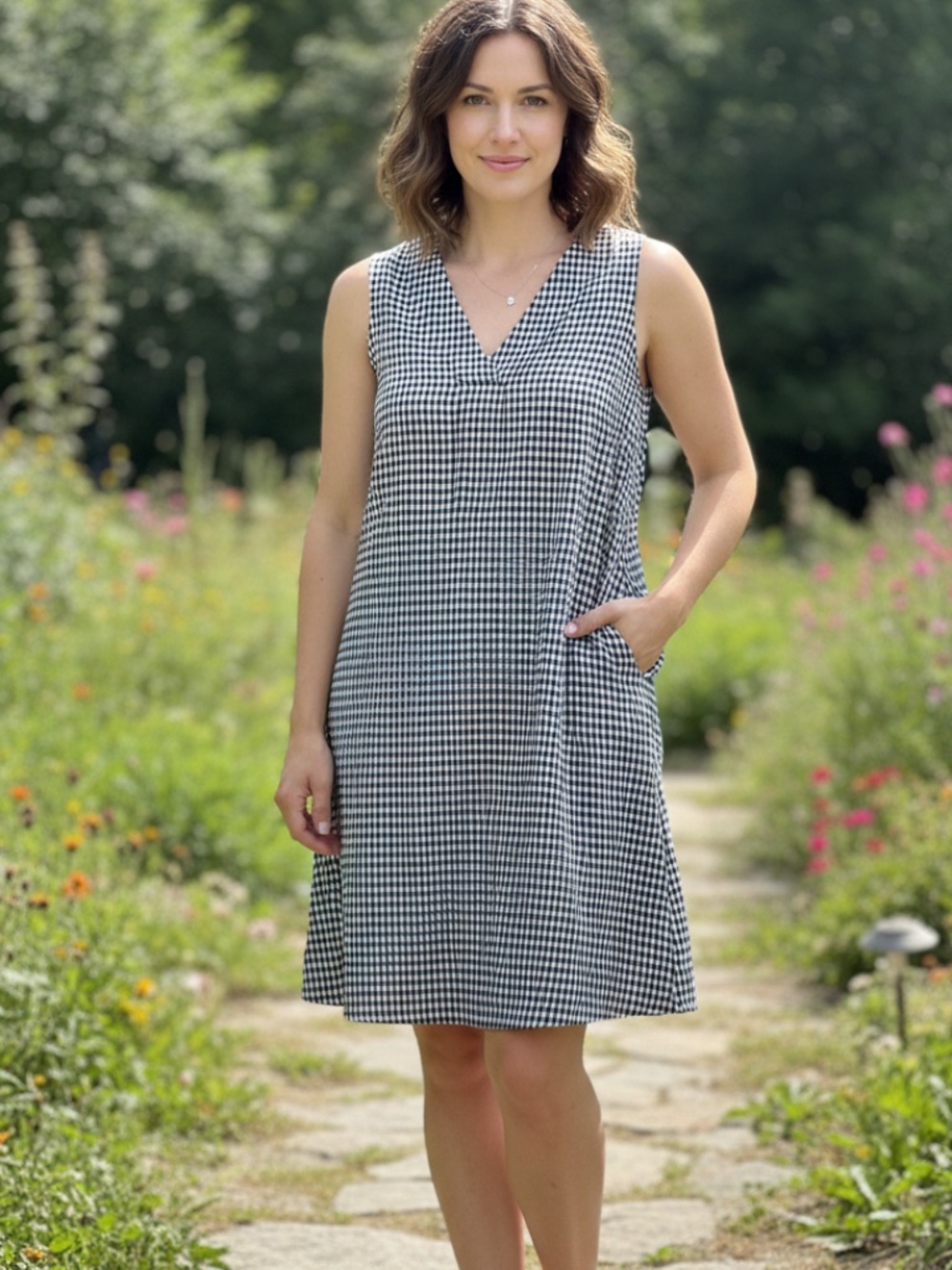 NWT Sonoma black and white gingham midi dress lg